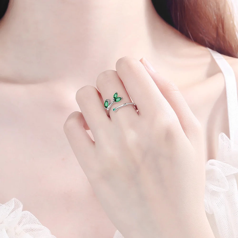 Silver Twig Green Leaf Rings for Women