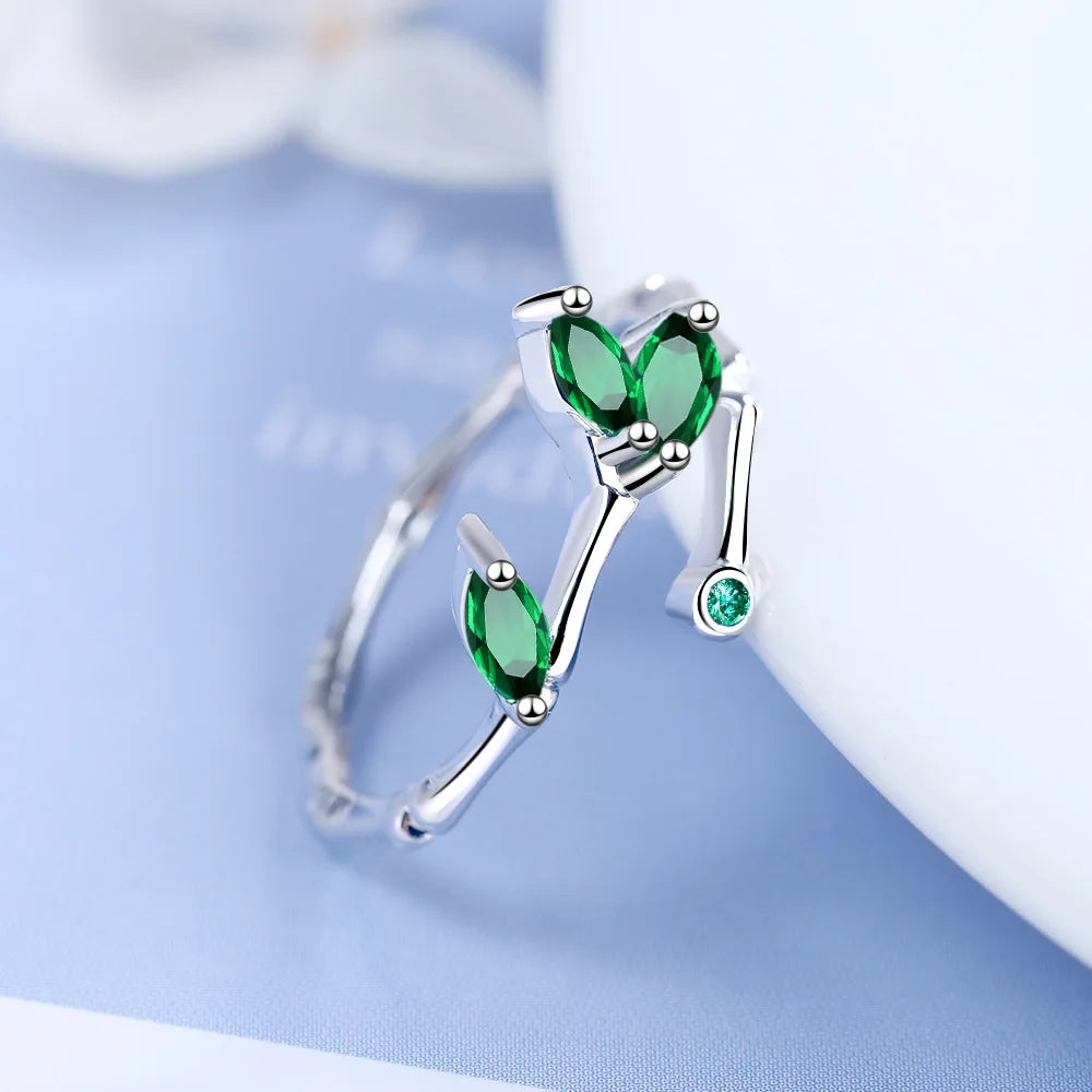 Silver Twig Green Leaf Rings for Women