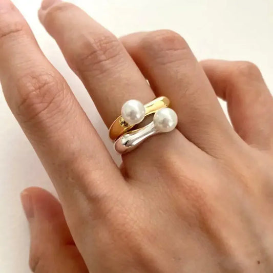 Fashion Silver Gold Pearl Ring for Women